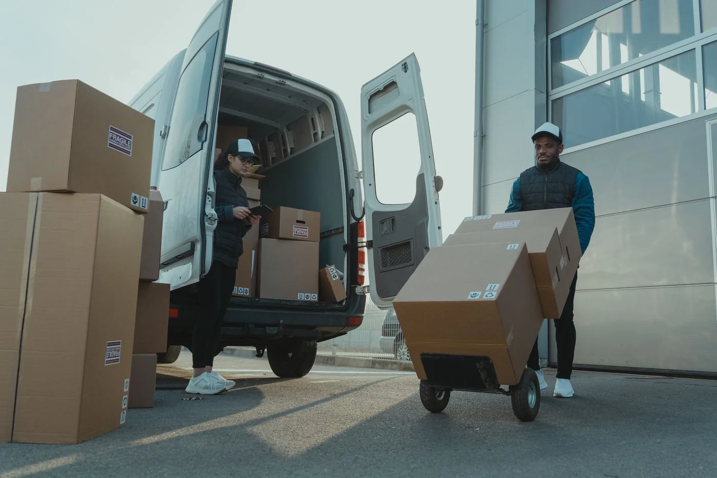 Repartidores descargando cajas de una camioneta con carretilla
