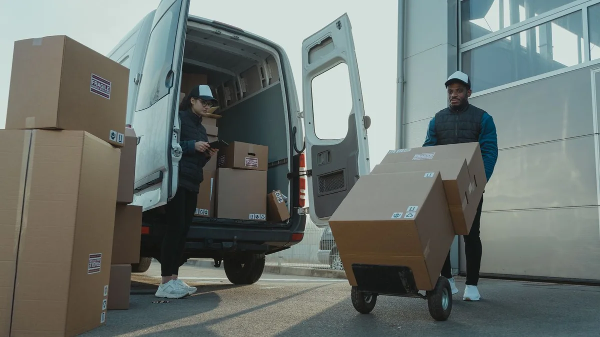 Repartidores descargando cajas de una camioneta con carretilla